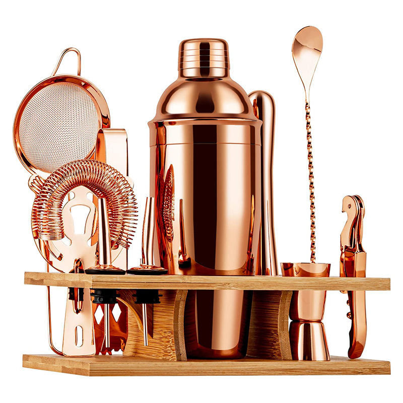Roestvrij staal cocktail shaker set 10 stuk houten basis bar set voor barman